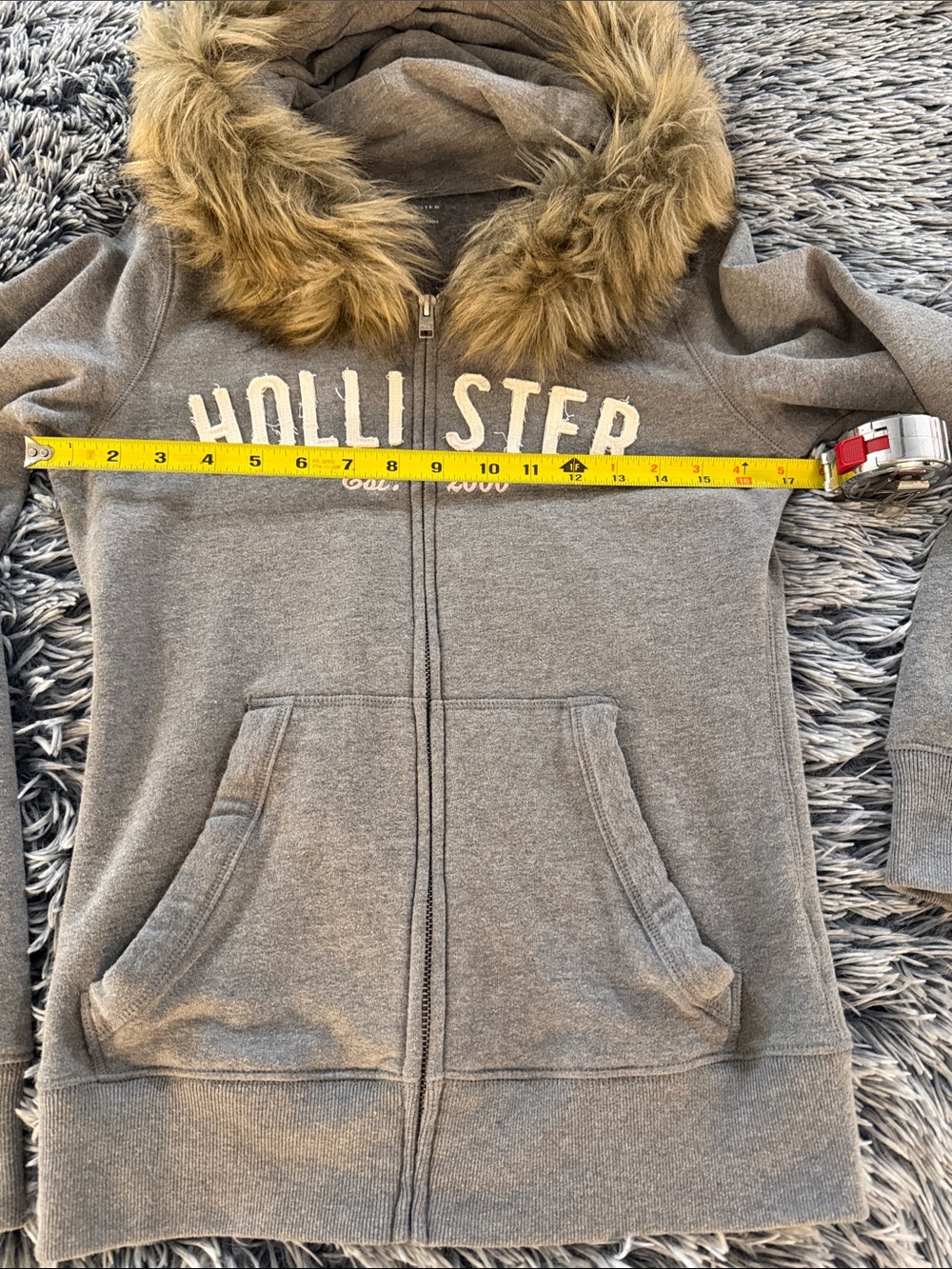 Hollister Gray Zip-Up Hoodie with Faux Fur Hood Trim - Picture 3 of 4